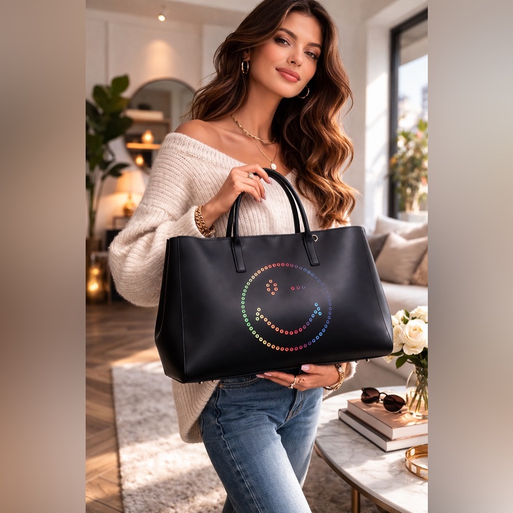 Anya Hindmarch Ebury Rainbow Smiley Leather Tote Bag NWT in Navy